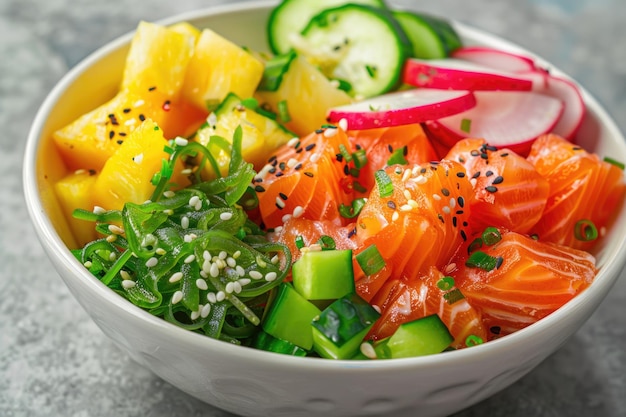 Hawaiian salmon poke bowl with fresh ingredients