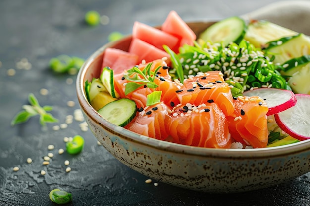 Hawaiian salmon poke bowl with fresh ingredients