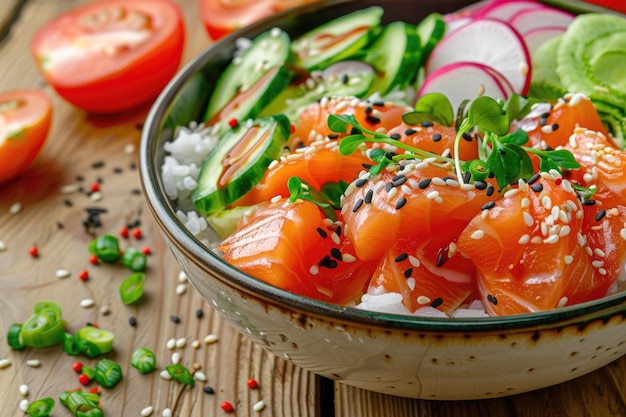 Hawaiian salmon poke bowl with rice and veggies Buddha bowl