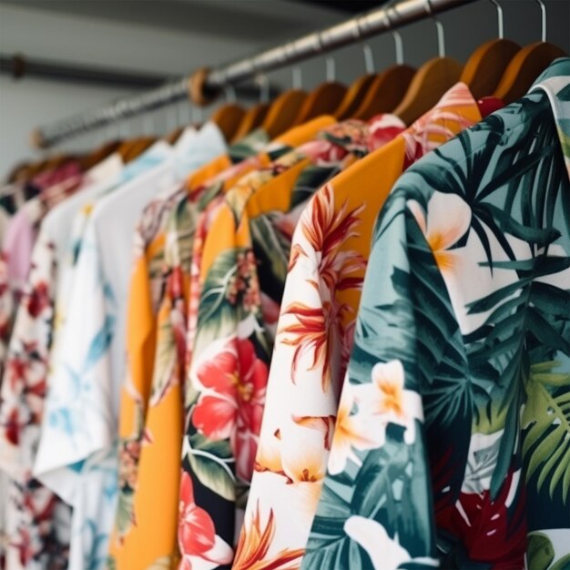 Hawaiian Shirts with Floral Print on Hangers