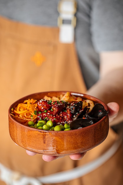 Hawaiian spicy chicken poke bowl with kimchi