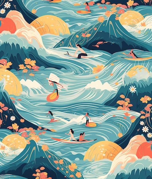 hawaiian surfer illustration pattern