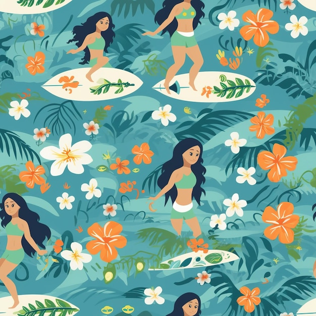 hawaiian surfer illustration pattern