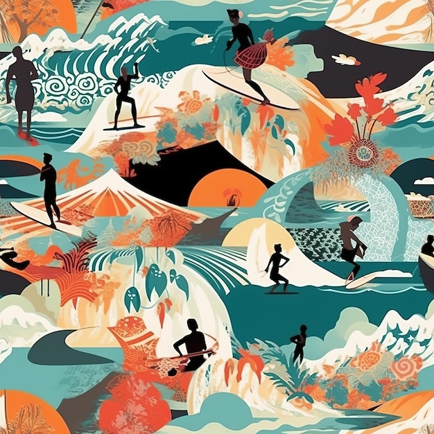 hawaiian surfer illustration pattern