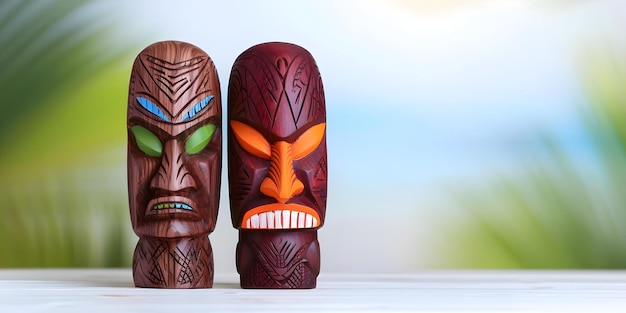 Photo hawaiian tribal totems tiki masks polynesian god statues african tiki masks on white concept tribal art tiki masks polynesian statues african masks cultural diversity