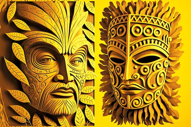 Hawaiian wooden ethnic yellow tiki mask with patterns