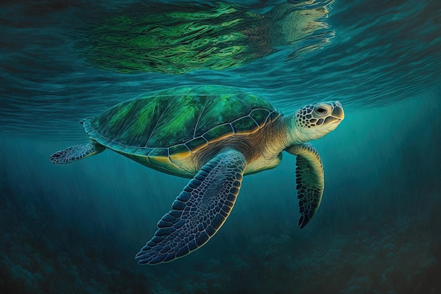 In Hawaiis warm Pacific Ocean seas a threatened Hawaiian Green Sea Turtle sails