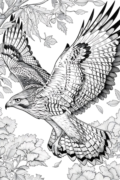 Photo hawk bird coloring page line art for kids and adults