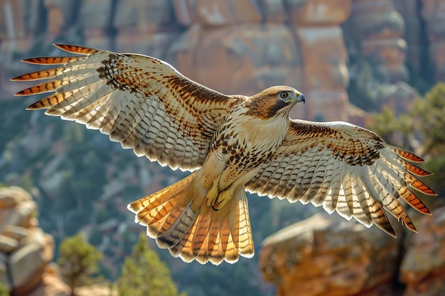 a hawk is flying in front of a mountain with a mountain in the background