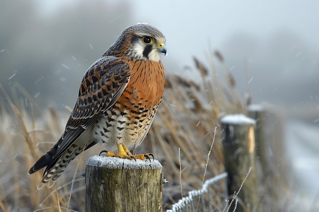 a hawk is perched on a fence post with snow on the ground