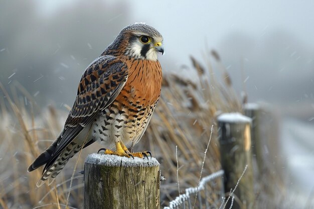 Photo a hawk is perched on a fence post with snow on the ground