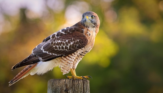 a hawk is perched on a wooden post with a blurry background