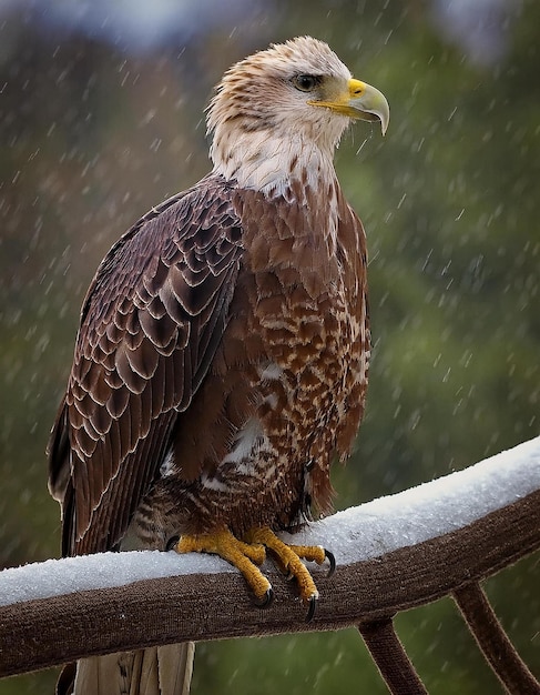 Photo a hawk is standing on a branch in the rain