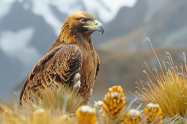 a hawk is standing in a field of flowers