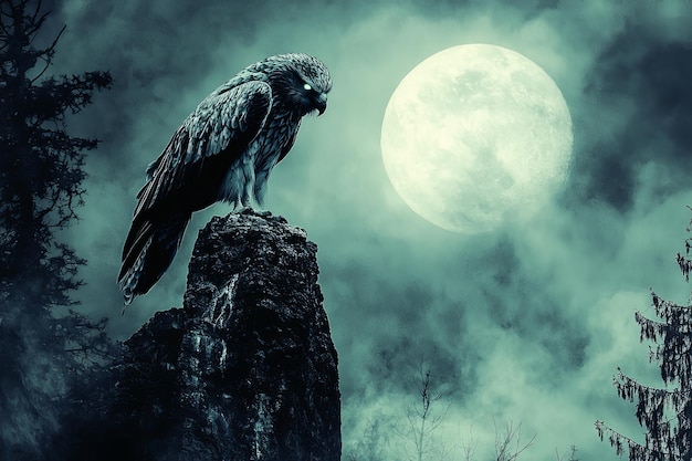 Photo hawk perched on a cliff under a full moon