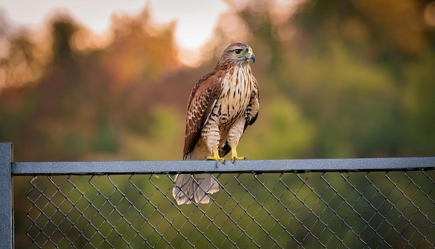 Photo a hawk sits on a fence with a blurry background