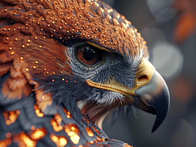 a hawk with a yellow beak and a red and white speckled head