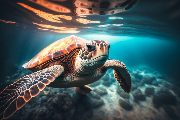 Hawksbill Turtle floats under water