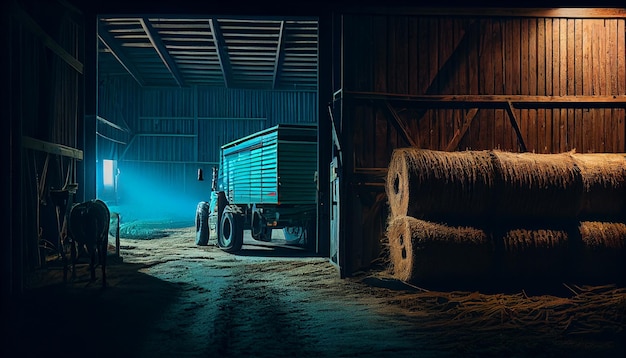 Hay Storage and the Tractor Farming and Agriculture Theme Heavy Duty Tractor Night neon glowing Farm wallpaper