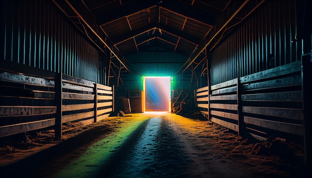 Haystacks sorted inside an agricultural modern warehouse in countryside Night neon glowing illustration