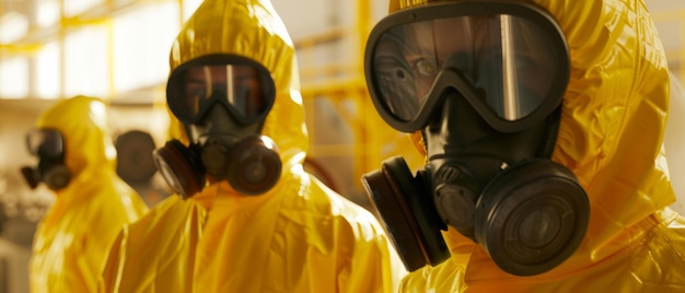 Hazardous materials team in protective suits ready for decontamination