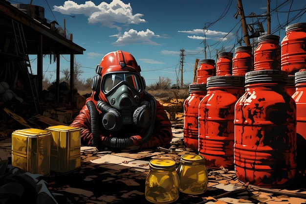 A hazardous waste disposal site with barrels and containers illustrating the improper handling and