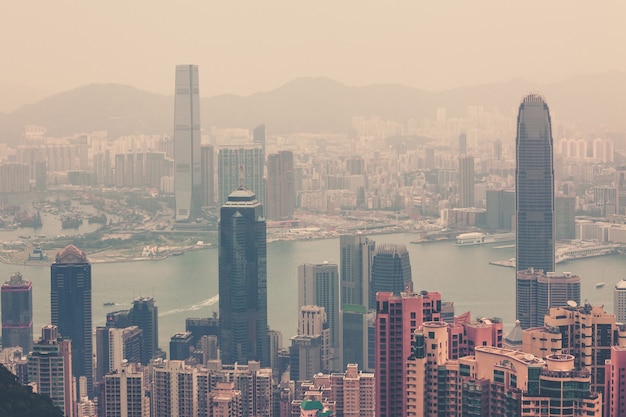 Haze Hong Kong downtown view from Victoria peak. Filtered shot