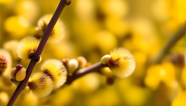 A hazel shrub with yellow catkins flower and blurred yellow background