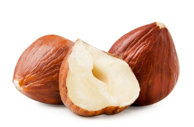 Hazelnut whole and half on a white background Isolated