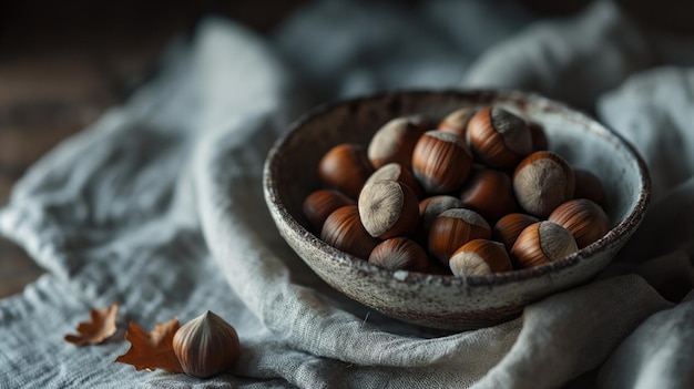 Hazelnuts on fabric rustic style background