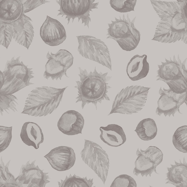 Hazelnuts. Hand drawn watercolor illustration. Sketch print textile seamless pattern