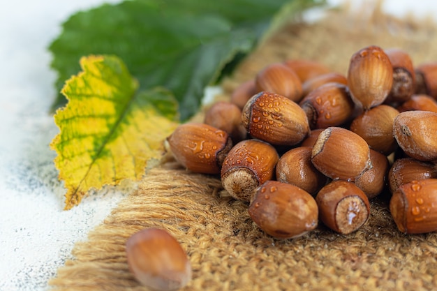 Hazelnuts on a light background with green leaves. Contains beneficial vitamins and minerals.