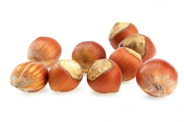 Hazelnuts on a white background