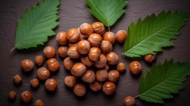 Hazelnuts with leaves