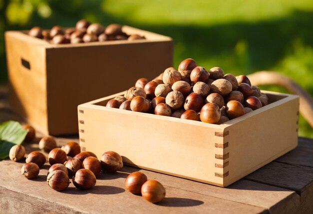 Hazelnuts in a wooden box on sunny garden background