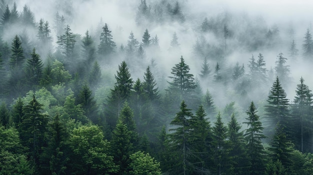 Hazy Forest Coniferous Trees Covered in Cloud in the Spledid Countryside