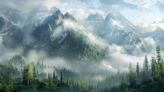 Hazy mountain landscape in morning mist