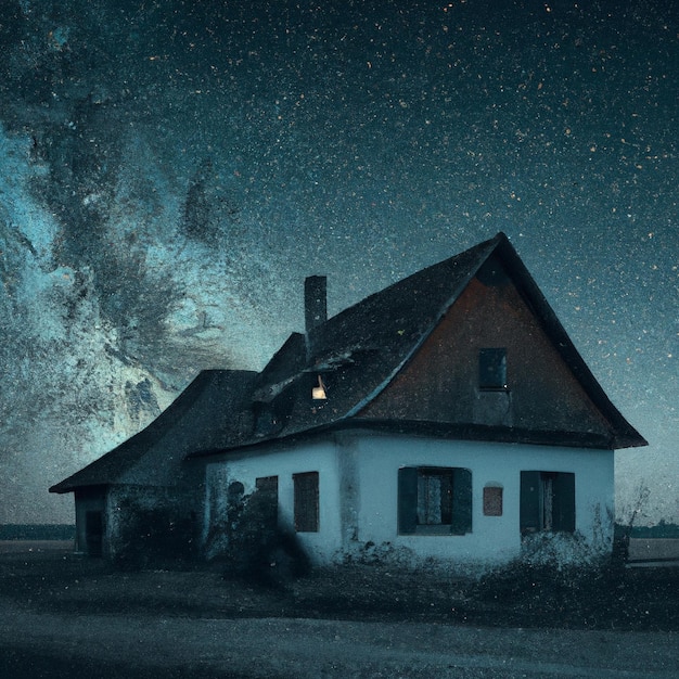 An HD photo of an old farmhouse with starry night sky