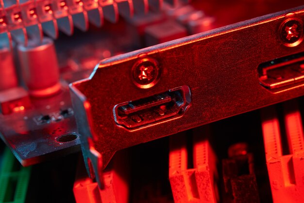 HDMI socket connector on a graphics card closeup selective focus.