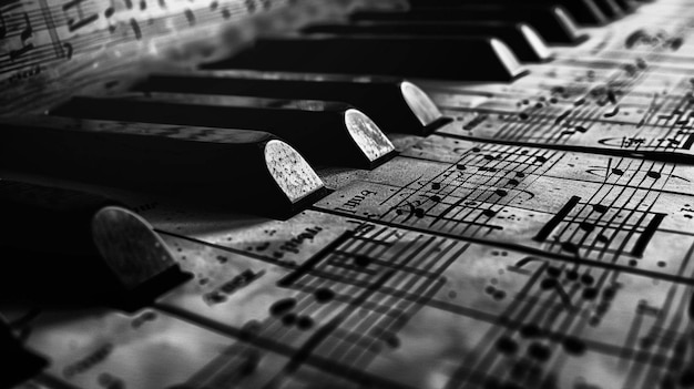 Photo he artistic details of piano sheet music where black and white