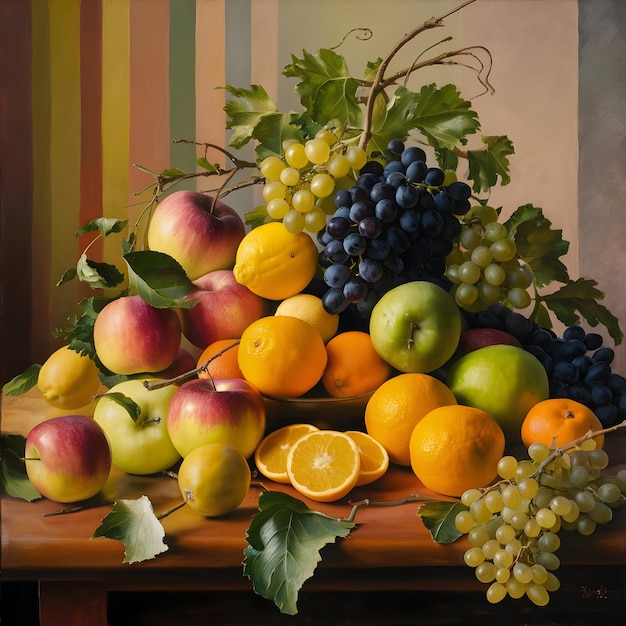 Photo he composition features fresh ripe fruits such as apples oranges lemons and grapes all arranged