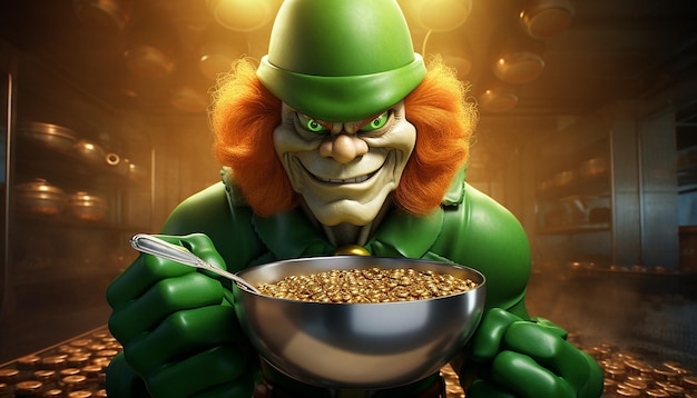 He is holding a golden spoon and glaring at the camera St Patricks Day