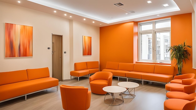 he room is a waiting area in the clinic made in modern orange tones