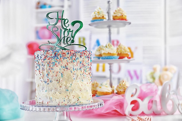 He or she cake for baby shower party closeup