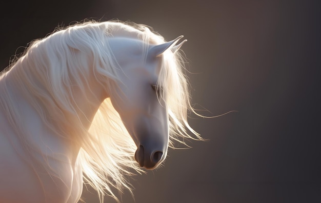 The head of a beautiful white horse in the background light