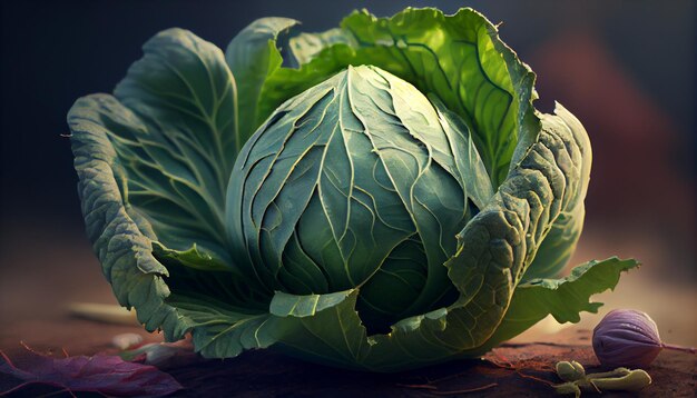 A head of cabbage lies on the table under the bright rays of the sun