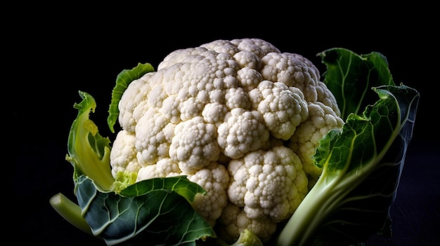 A head of cauliflower is shown with a black background.