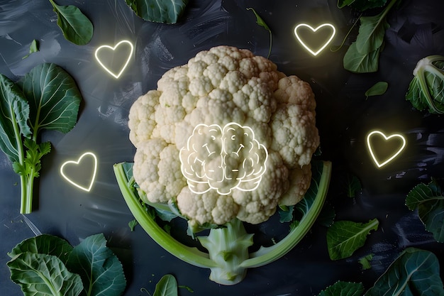 Photo a head of cauliflower is surrounded by green leaves