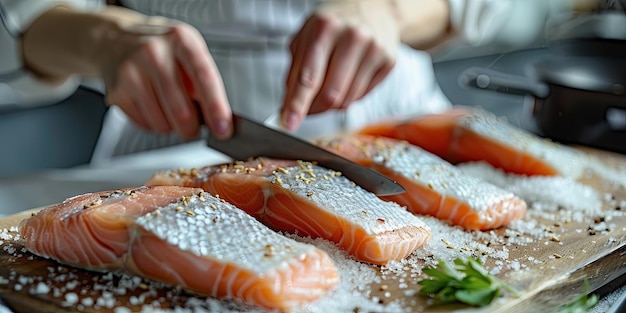 The head chef slices salmon fillet in the restaurant kitchen closeup photo