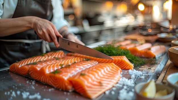 The head chef slices salmon fillet in the restaurant kitchen closeup photo